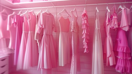 Poster - Many pink dresses hanging on pink trendy closet, bright Fashion clothes on pink wall background. Generative AI.