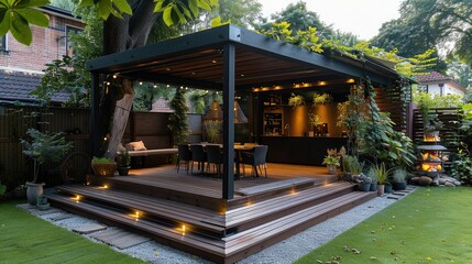 Aufkleber - Small but modern veranda that is made with natural and black wood in a backyard. Generative AI.