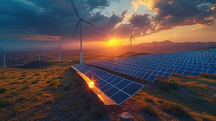 Aufkleber - Renewable energy farm at sunset, wind turbines and solar panels. Generative AI.