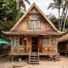 Tiny two floor timber frame house with double front doors and terrace with indonesia theme design