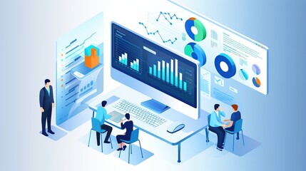 Poster - Illustration of Business environment in isometric view. Online trading digital technology. Financial application. Laptop with graphics.