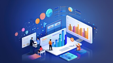Poster - Illustration of Business environment in isometric view. Online trading digital technology. Financial application. Laptop with graphics.