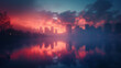 © NaphakStudio - Twilight descends on the city with a mystic array of red and purple hues reflecting off the calm waters, creating a mirror image of the urban silhouette.