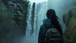 Women Overlooking Waterfall At Skogafoss Lcel, Traveling, Tour Day, Generative Ai