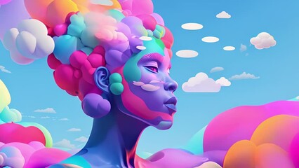 Wall Mural - Colorful rendering of an African American woman's head with pastel colored clouds for hair as she floats in white clouds in the sky