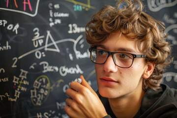 A mathematician wearing glasses and doing a math problem on a chalkboard