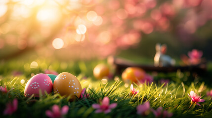 Poster - Decorative Easter eggs nestled in vibrant green grass with pink spring flowers and soft sunlight, ideal for a festive Easter background with space for text