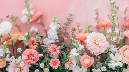 Poster - Pastel floral background with assorted blooming flowers, ideal for spring-related designs or Mother's Day concepts, with copyspace for text