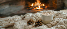 Cozy Winter Concept With A Warm Knitted Blanket And A Cup Of Coffee In Front Of A Glowing Fireplace, Perfect For Holiday Or Seasonal Backgrounds With Copy Space