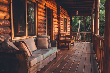 Wall Mural - Cozy porch of a rustic log cabin with comfortable wicker sofa and chairs, ideal for relaxation or vacation background with copy space