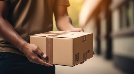 The hands of the delivery man carry the package to deliver. Delivery man's hand holding brown box, transport truck background Detail of a delivery man holding a labeled cardboard package.