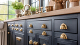 Fototapeta  - The perfect combination of antique gold cabinet handles and matte black doors adding a touch of elegance to a traditional kitchen renovation.