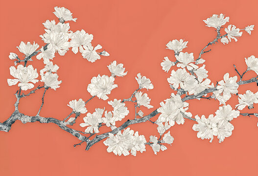 a large branch of flowers on a pink background in the
