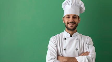 Joyful male chef in a white uniform, photographed in a hotel kitchen, with a green isolated background providing room for additional text.