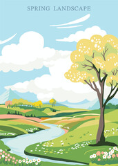 Wall Mural - spring landscape background with mountain and tree editable vector illustration for postcard,a4 vert