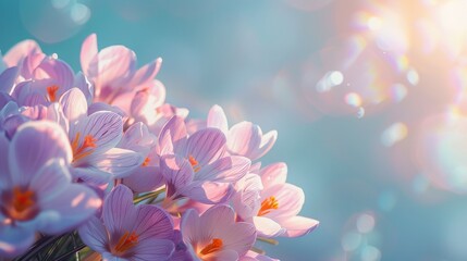 Natural autumn background with delicate lilac crocus flowers on blue sky banner