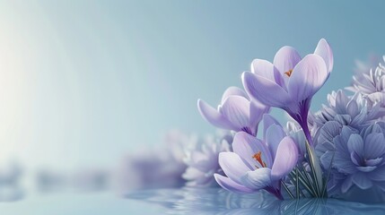 Wall Mural - Natural autumn background with delicate lilac crocus flowers on blue sky banner