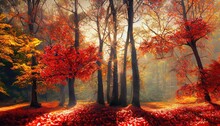 Majestic Autumn Trees In The Forest Glow In Sunlight. Red Autumn Leaves. Dramatic Morning Scene