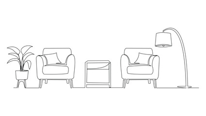 Canvas Print - Continuous single line armchair, plant, floor lamp and table. One line drawing of Living room with modern furniture vector illustration
