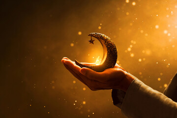 Wall Mural - Hands of young asian muslim man holding shiny golden crescent moon with star lantern, with glitter and sparkle effect