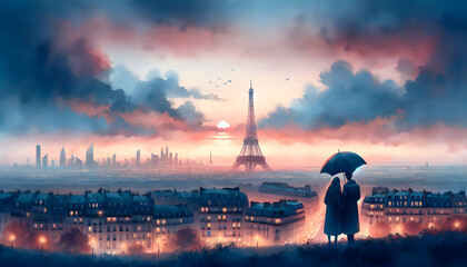 a romantic and serene scene of two people standing on a hill overlooking Paris at dusk