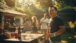 An Asian man in a t-shirt in his forties, drinks a cocktail together with friends, near the grill of a beautiful country house on a sunny day, Party in the garden