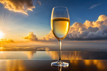 Wall Mural - A champagne glass, empty yet gleaming with anticipation, suspended ethereally among diaphanous clouds, backlit by the soft, golden hues of a setting sun. Generative AI