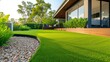 Contemporary lawn turf, wooden edging. Modern outdoor appeal, Ai Generated.