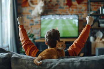 Wall Mural - Sport fan cheering while a match winning with cat at home. Generative AI
