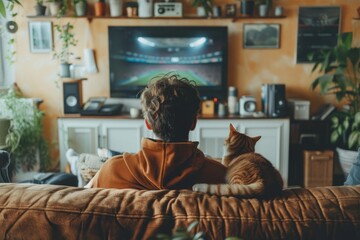 Sport fan cheering while a match winning with cat at home. Generative AI