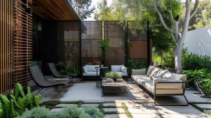 Wall Mural - Entertain in style and privacy with this homes layered privacy screens featuring louvered panels perforated metal screens and dense foliage to create a welcoming and secluded