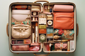 Wall Mural - A top view of a cosmetic travel case packed with essential beauty products, ready for a glamorous journey.