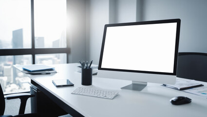 Poster - Workspace with Blank white Computer Screen. Desktop Computer Monitor with Mockup Screen Display Standing on Desk in Modern Business Office.