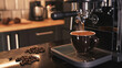 Aromatic coffee scene: stylish bar counter, fragrant ground coffee, coffee machine emitting steam. AI generative.