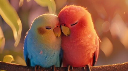 Wall Mural - A pair of lovebirds cuddling affectionately, symbolizing the bond between pets and their owners on National Pet Day