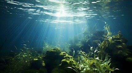 sunlight and submerge plants underwater in a lake.