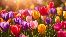 Field Of Colorful Bright Blooming Tulips, Large Group Of Multi Colored Flowers Nature Still Vivid Background, Moving In The Wind. Natural Floral Pattern, Beautiful Tulip Field In The Sun, Spring Time
