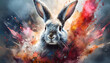 Portrait von einem grauen Hasen mit farbenfroher Explosion umgeben