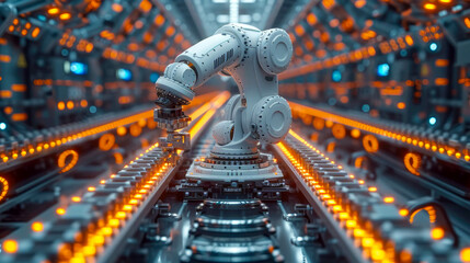 Poster - Industrial robot arms working in factory production line. Concept of artificial intelligence for industrial revolution and automation manufacturing process