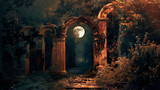 Fototapeta  - Fantasy night scene with stone archway, ruins, moonlight in the mystical forest