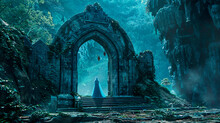 Fantasy Night Scene With Stone Archway, Ruins, Moonlight In The Mystical Forest