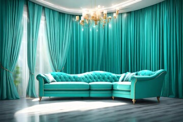 Wall Mural - the luxury sofas of green color, the sunrays reflect through window, with teal color curtain