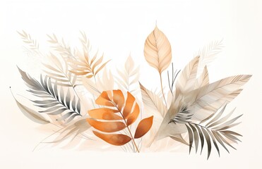  Tropical plants and leaves watercolor illustration on white background