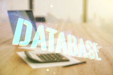 Aufkleber - Double exposure of Database word sign on calculator and laptop background, global research and analytics concept