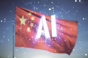 Poster - Double exposure of creative artificial Intelligence icon on flag of China and sunset sky background. Neural networks and machine learning concept