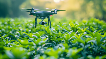 Agricultural Drone with Camera Over field. Precision agriculture drone equipped with a camera flies over a green agriculture field during early growth stages, highlighting modern farming. AI