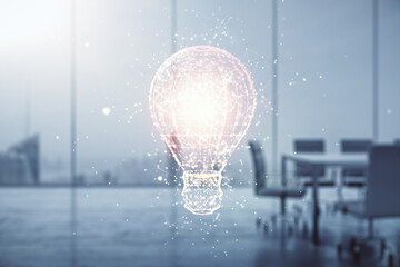 Poster - Abstract virtual light bulb hologram on a modern boardroom background, idea concept. Multiexposure