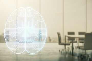 Poster - Virtual creative artificial Intelligence hologram with human brain sketch on a modern coworking room background. Double exposure