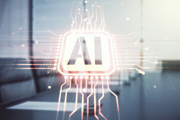 Aufkleber - Abstract virtual artificial Intelligence symbol hologram on a modern conference room background. Multiexposure