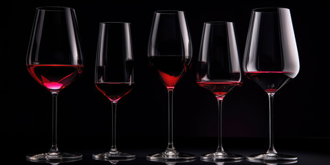 Different shapes of wine glasses on black background